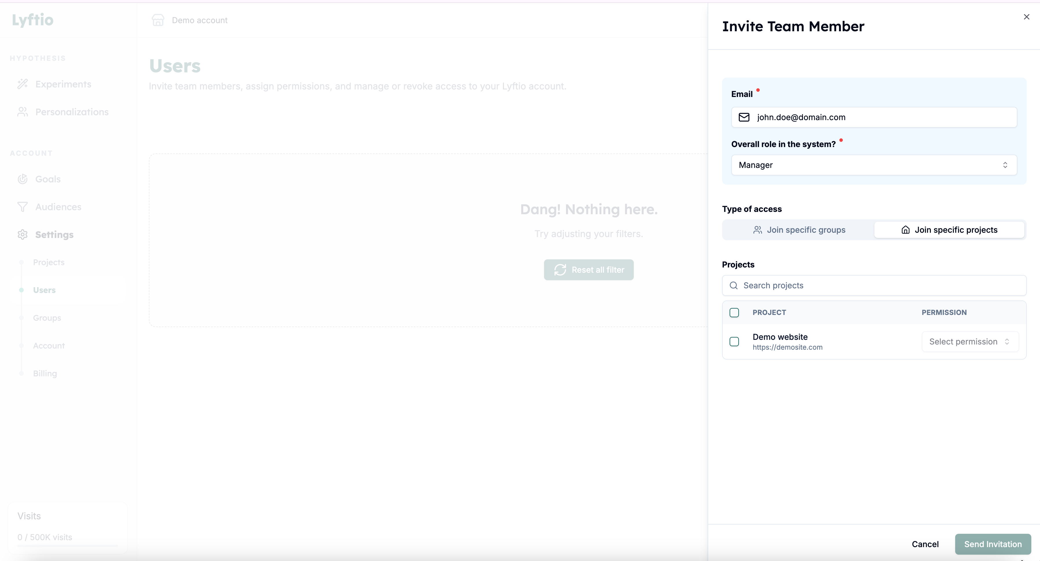 Invite user to project step 1